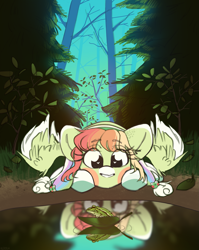 Size: 2047x2566 | Tagged: safe, artist:klooda, derpibooru import, oc, oc only, oc:sammy, frog, pegasus, pony, commission, cute, detailed, detailed background, female, forest, lake, leaves, lying down, mare, pegasus oc, reflection, smiling, solo, spread wings, tree, wings, ych result