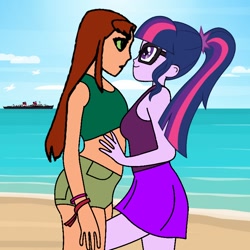 Size: 768x768 | Tagged: safe, derpibooru import, sci-twi, twilight sparkle, equestria girls, beach, crossover, crossover shipping, female, lesbian, scistar, shipping, starfire, teen titans