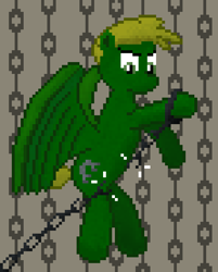 Size: 592x736 | Tagged: safe, artist:silent pone, derpibooru exclusive, derpibooru import, oc, oc:murky, pegasus, pony, fallout equestria, fallout equestria: murky number seven, broken, chains, fanfic art, male, pixel art, rearing, shackles, solo, stallion