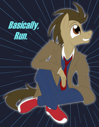 Size: 1743x2229 | Tagged: safe, artist:sixes&sevens, derpibooru import, doctor whooves, anthro, abstract background, blazer, clothes, converse, doctor who, necktie, overcoat, shoes, sitting, smiling, sneakers, suit, tenth doctor, trousers