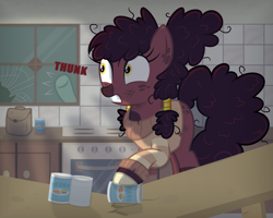 Size: 3000x2400 | Tagged: safe, artist:devfield, derpibooru import, oc, oc only, oc:coffee blend, pony, undead, zombie, zombie pony, apocalypse, backpack, beans, blurry background, broken, broken glass, can, clothes, cloven hooves, commission, cupboard, dial, dirty, female, food, hair accessory, jewelry, messy mane, offscreen character, oven, shadow, shocked, shocked expression, show accurate, spots, stove, sweater, table, tiles, window
