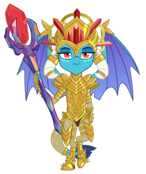 Size: 600x714 | Tagged: safe, artist:queencold, derpibooru import, dragon lord ember, princess ember, dragon, armor, bloodstone scepter, crown, dragoness, female, gold, head dress, jewelry, regalia, simple background, solo, sparkles, transparent background