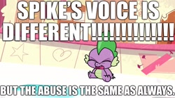 Size: 2048x1152 | Tagged: safe, derpibooru import, edit, edited screencap, screencap, spike, dragon, my little pony: pony life, potion mystery, spoiler:pony life s01e19, abuse, caption, funny, image macro, op is a cuck, op is trying to be funny, op is trying too hard, spikeabuse, text, truth, voice change, winged spike