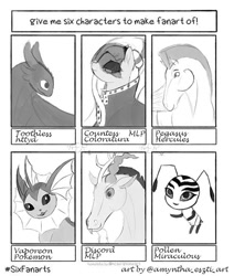 Size: 620x730 | Tagged: safe, artist:amyntha-eszti, derpibooru import, coloratura, discord, anthro, draconequus, dragon, earth pony, pegasus, pony, anthro with ponies, bust, clothes, countess coloratura, crossover, female, grayscale, hercules, how to train your dragon, male, mare, miraculous ladybug, monochrome, pegasus (hercules), pokémon, pollen, six fanarts, toothless the dragon, vaporeon, veil