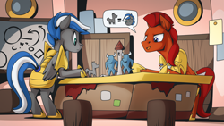 Size: 2560x1440 | Tagged: safe, artist:mysticalpha, derpibooru import, oc, oc only, oc:captain sunride, oc:cloud zapper, pegasus, pony, armor, indoors, male, pegasus oc, rebus, royal guard, royal guard armor, stallion, strategy room, war room, wings