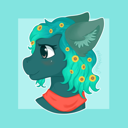 Size: 1900x1900 | Tagged: safe, artist:nekoshanka, derpibooru import, oc, oc:sandflower, pony, badge, bust, clothes, curly hair, cute, flower, green, head, portrait, scarf, side view, solo, sunflower