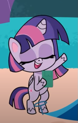 Size: 321x503 | Tagged: safe, derpibooru import, screencap, twilight sparkle, twilight sparkle (alicorn), alicorn, pony, a camping we will go, my little pony: pony life, spoiler:pony life s01e15, bipedal, calculator, cropped, eyes closed, open mouth, raised hoof, smiling, solo