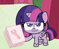 Size: 554x463 | Tagged: safe, derpibooru import, screencap, twilight sparkle, twilight sparkle (alicorn), alicorn, pony, badge of shame, my little pony: pony life, spoiler:pony life s01e13, confident, cropped, instructions, looking at you, smiling, solo