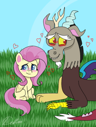 Size: 768x1024 | Tagged: safe, artist:delfinaluther, derpibooru import, discord, fluttershy, draconequus, pegasus, pony, my little pony: pony life, blushing, cute, discoshy, discute, female, heart, hilarious in hindsight, male, shipping, shyabetes, straight