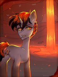 Size: 3000x4000 | Tagged: safe, artist:biskvit, derpibooru import, oc, pony, unicorn, commission, eye, eyes, lava, looking at you, male, minecraft, nether (minecraft), solo, stallion, ych result, your character here