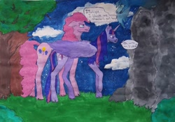Size: 1080x757 | Tagged: safe, alternate version, artist:starly_but, derpibooru import, twilight sparkle, twilight sparkle (alicorn), alicorn, earth pony, pony, bush, cave, cloud, colored, dialogue, female, grin, lineart, mare, outdoors, raised hoof, smiling, traditional art, tree, worried