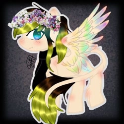 Size: 1024x1024 | Tagged: safe, artist:starly_but, derpibooru import, oc, oc only, pegasus, pony, female, floral head wreath, flower, leonine tail, mare, pegasus oc, smiling, solo, wings