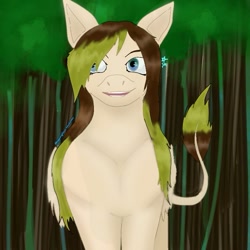Size: 735x735 | Tagged: safe, alternate version, artist:starly_but, derpibooru import, oc, oc only, pegasus, pony, female, leonine tail, mare, outdoors, pegasus oc, smiling, solo, tree, wings