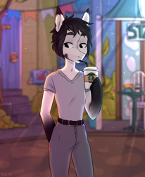Size: 3300x4000 | Tagged: safe, artist:biskvit, derpibooru import, oc, oc only, anthro, earth pony, pegasus, pony, cafe, clothes, coffee, commission, detailed, detailed background, drinking, ear fluff, flag, house, male, pants, shirt, solo, stallion, standing, starbucks, street, t-shirt, thinking
