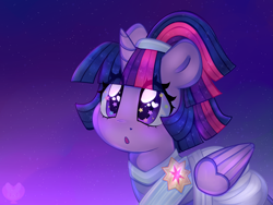 Size: 3979x2989 | Tagged: safe, artist:bunxl, derpibooru import, twilight sparkle, twilight sparkle (alicorn), alicorn, pony, the last problem, :o, alternate hairstyle, clothes, coronation dress, cute, dress, eye clipping through hair, female, heart eyes, high res, mare, open mouth, purple background, second coronation dress, simple background, solo, starry eyes, twiabetes, wingding eyes