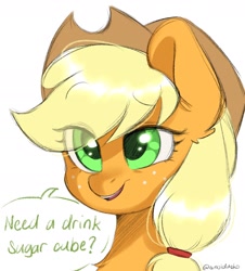 Size: 1620x1792 | Tagged: safe, artist:cottonsweets, derpibooru import, applejack, earth pony, pony, bust, cute, dialogue, ear fluff, eye clipping through hair, female, jackabetes, mare, open mouth, portrait, simple background, solo, speech bubble, white background