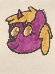 Size: 3024x4032 | Tagged: safe, artist:whistle blossom, derpibooru import, dinky hooves, pony, unicorn, bust, cute, dinkabetes, female, filly, foal, head only, marker drawing, simple background, smiling at you, solo, traditional art, white background