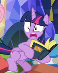 Size: 516x648 | Tagged: safe, derpibooru import, screencap, twilight sparkle, twilight sparkle (alicorn), alicorn, pony, a health of information, book, cropped, open mouth, solo, startled, uvula
