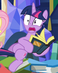 Size: 544x682 | Tagged: safe, derpibooru import, screencap, twilight sparkle, twilight sparkle (alicorn), alicorn, a health of information, book, cropped, open mouth, shrunken pupils, solo, startled, uvula