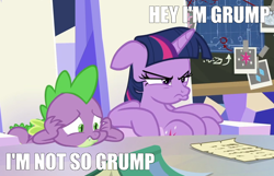 Size: 1268x815 | Tagged: safe, derpibooru import, edit, edited screencap, editor:didgereethebrony, screencap, spike, twilight sparkle, alicorn, dragon, pony, sparkle's seven, game grumps, grumpy, hey i'm grump, i'm not so grump, pouting