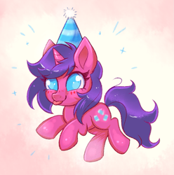 Size: 1139x1148 | Tagged: safe, artist:confetticakez, derpibooru import, oc, oc:fizzy pop, unicorn, :p, abstract background, birthday, chibi, cute, female, hat, mare, ocbetes, party hat, solo, tongue out