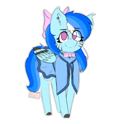 Size: 1000x1000 | Tagged: safe, artist:diantrex, derpibooru import, oc, pegasus, pony, adoptable, bow, clothes, female, happy, hood, skirt, solo
