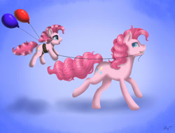 Size: 1580x1200 | Tagged: safe, artist:nastya-lazy-cat, derpibooru import, pinkie pie, earth pony, pony, age progression, balloon, duality, female, filly, filly pinkie pie, gradient background, self ponidox, string, time paradox, younger