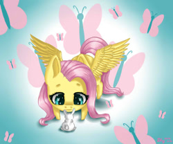 Size: 600x500 | Tagged: safe, alternate version, artist:nastya-lazy-cat, derpibooru import, angel bunny, fluttershy, pegasus, pony, chibi, cute, cutie mark background, female, gradient background, shyabetes