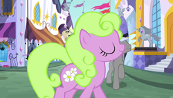 Size: 1280x720 | Tagged: safe, derpibooru import, edit, edited screencap, screencap, caesar, daisy, flower wishes, earth pony, pony, the crystal empire, count caesar, eyes closed, female, male, mare, stallion, trotting, walking