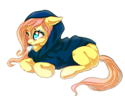 Size: 1039x831 | Tagged: safe, artist:xilacs, derpibooru import, fluttershy, pegasus, pony, clothes, cold, cute, female, hoodie, mare, one eye closed, ponyloaf, prone, shyabetes, simple background, solo, transparent background, visible breath