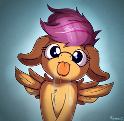 Size: 2549x2480 | Tagged: safe, artist:rainihorn, derpibooru import, scootaloo, cute, cutealoo, drool, floppy ears, high res, licking, licking screen, looking at you, solo, spread wings, tongue out, wings