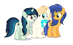 Size: 1260x788 | Tagged: safe, artist:razorbladetheunicron, derpibooru import, oc, oc only, oc:lanoga, oc:molasses curry, oc:scoop, earth pony, pegasus, pony, unicorn, base used, bracelet, clothes, hairband, jewelry, pencil, pencil behind ear, scarf, simple background, transparent background, trio