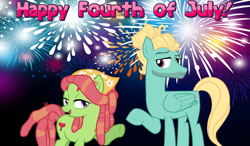 Size: 2064x1204 | Tagged: safe, derpibooru import, tree hugger, zephyr breeze, earth pony, pegasus, 4th of july, bandana, female, fireworks, friendship, hair bun, hippie, hipster, holiday, looking at each other, male, night, shipping, straight, zephyrhugger