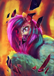 Size: 2560x3625 | Tagged: safe, alternate version, artist:terrafomer, derpibooru import, part of a set, fluttershy, bat pony, pegasus, pony, bat ponified, bust, duality, fangs, female, flutterbat, high res, hissing, looking at you, mare, open mouth, race swap, red eyes, shards, smiling, solo, spread wings, wings