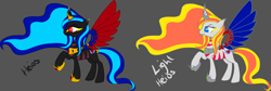 Size: 4040x1353 | Tagged: safe, artist:theheioslair, derpibooru import, oc, oc only, alicorn, pony, alicorn oc, duo, gray background, hoof shoes, horn, raised hoof, reference sheet, simple background, wings