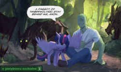 Size: 831x500 | Tagged: safe, artist:rhorse, derpibooru import, ponybooru exclusive, twilight sparkle, twilight sparkle (alicorn), oc, oc:anon, alicorn, human, pony, timber wolf, advertisement, better quality in the source, faggot, faggot (bundle of sticks), female, forest, mare, slur, spread wings, vulgar, wings