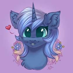 Size: 2000x2000 | Tagged: safe, artist:ariamidnighters, derpibooru import, oc, oc only, oc:paamayim nekudotayim, pony, unicorn, avatar, bust, commission, ear fluff, female, flower, heart, horn, looking at you, portrait, signature, smiling, solo, ych result