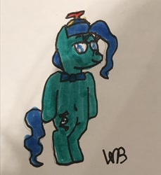 Size: 1174x1280 | Tagged: safe, artist:whistle blossom, derpibooru import, petunia paleo, earth pony, semi-anthro, belly button, bipedal, bow, clothes, cosplay, costume, crossover, cute, female, filly, foal, hat, marker drawing, pablo, petuniabetes, propeller hat, signature, simple background, smiling at you, solo, standing, the backyardigans, traditional art, white background