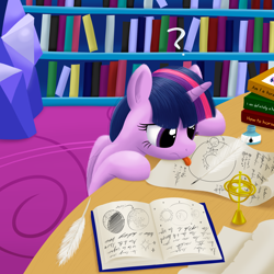 Size: 2000x2000 | Tagged: safe, artist:stellardust, derpibooru exclusive, derpibooru import, twilight sparkle, twilight sparkle (alicorn), alicorn, pony, :p, book, bookhorse, bookshelf, celestial mechanics, confused, cute, egghead, female, geocentric theory, gyroscope, heliocentric theory, inkwell, library, mare, nerd, purple smart, question mark, quill, solo, table, that pony sure does love books, tongue out, twiabetes, twilight's castle, twilight's castle library
