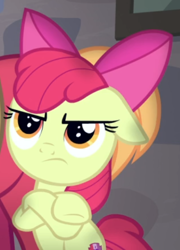 Size: 412x572 | Tagged: safe, derpibooru import, screencap, apple bloom, hard to say anything, adorabloom, angry, apple bloom is not amused, cropped, cute, floppy ears, madorable, sitting, solo, unamused