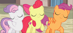 Size: 1598x733 | Tagged: safe, derpibooru import, screencap, apple bloom, scootaloo, sweetie belle, earth pony, pegasus, pony, unicorn, hard to say anything, adorabloom, cropped, cute, cutealoo, cutie mark crusaders, diasweetes, eyes closed, mane flip, raised hoof, smiling, trio