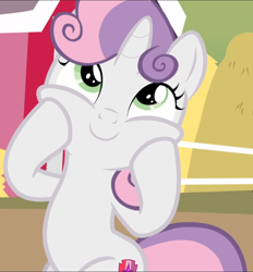 Size: 870x939 | Tagged: safe, derpibooru import, screencap, sweetie belle, hard to say anything, cheek squish, cropped, cute, diasweetes, hooves on cheeks, smiling, solo, squishy cheeks