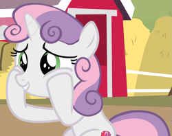 Size: 1183x936 | Tagged: safe, derpibooru import, screencap, sweetie belle, hard to say anything, cheek squish, cropped, cute, diasweetes, hooves on cheeks, sitting, smiling, solo, squishy cheeks