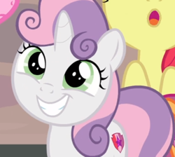 Size: 500x447 | Tagged: safe, derpibooru import, screencap, sweetie belle, hard to say anything, cropped, cute, diasweetes, offscreen character, smiling, solo