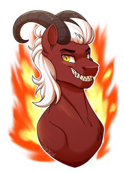 Size: 2171x3000 | Tagged: safe, artist:jack-pie, derpibooru import, oc, oc:bakki, demon, pony, fangs, fire, horns, simple background, smiley face, solo, transparent background