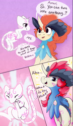 Size: 3383x5814 | Tagged: safe, artist:fiyawerks, derpibooru import, oc, oc:keldia, pony, comic:keldia&amar, comic, commission, cute, dialogue, keldeo, mew, pokémon, ponified, transformation