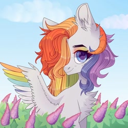 Size: 1080x1080 | Tagged: safe, artist:fotiles_art, derpibooru import, oc, oc only, demon, demon pony, original species, pegasus, pony, bush, bust, chest fluff, cloud, colored wings, hair over one eye, horns, multicolored hair, multicolored wings, outdoors, pegasus oc, rainbow hair, rainbow wings, smiling, solo, wings