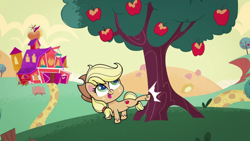 Size: 1920x1080 | Tagged: safe, derpibooru import, screencap, applejack, earth pony, pony, my little pony: pony life, :p, apple, applebucking, applejack mid tree-buck facing the left with 3 apples falling down, applejack mid tree-buck with 3 apples falling down, chibi, cowboy hat, falling, female, food, hat, looking up, mare, solo, sweet apple acres, tongue out, tree, unshorn fetlocks