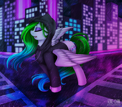 Size: 3000x2625 | Tagged: safe, artist:rinikka, derpibooru import, oc, oc only, oc:aurora wing, pegasus, pony, building, clothes, commission, eyes closed, eyeshadow, female, hoodie, makeup, mare, rain, spread wings, street, wings