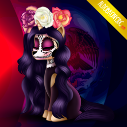 Size: 6000x6000 | Tagged: safe, artist:aldobronyjdc, derpibooru import, oc, oc only, oc:melody verve, unicorn, calavera catrina, dia de los muertos, dia de muertos, digital art, eyes closed, face paint, flag, flower, flower in hair, mexico, simple background, sitting, solo, tradition